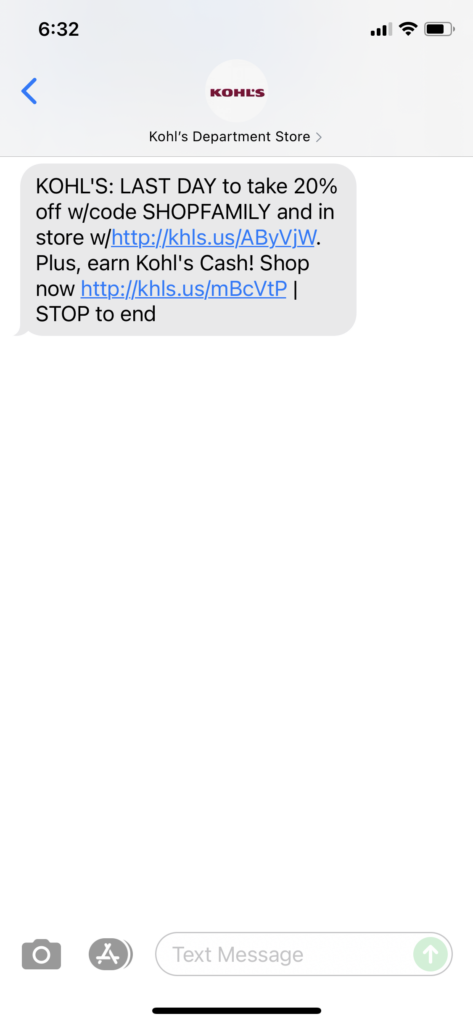 Kohl's Text Message Marketing Example - 08.01.2021