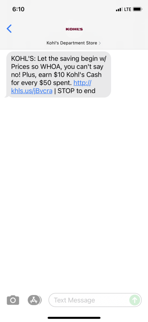 Kohl's Text Message Marketing Example - 08.19.2021