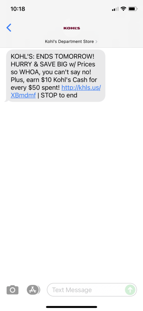 Kohl's Text Message Marketing Example - 08.21.2021