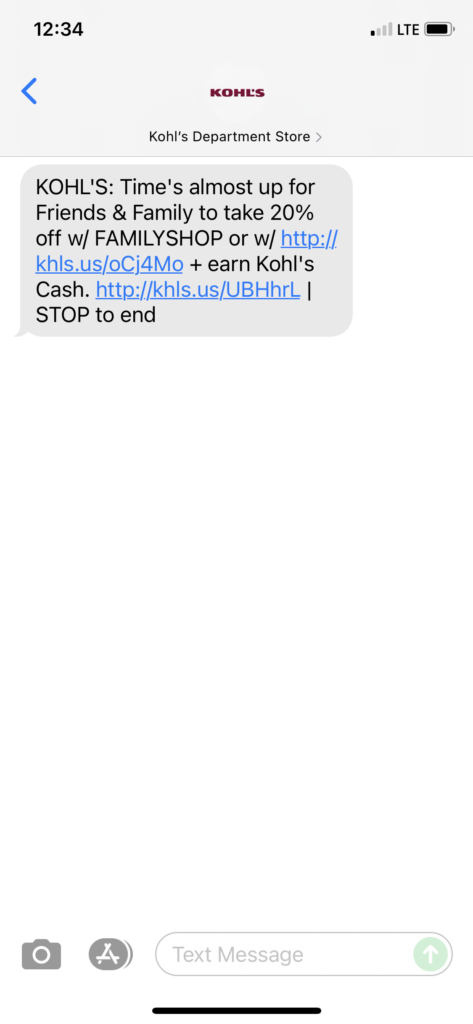 Kohl's Text Message Marketing Example - 08.29.2021