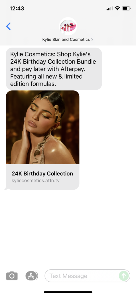 Kylie Skin & Cosmetics Text Message Marketing Example - 08.14.2021