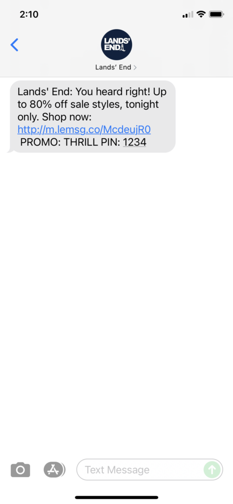 Lands' End Text Message Marketing Example - 08.07.2021