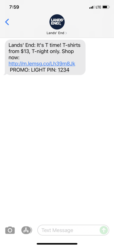 Lands' End Text Message Marketing Example - 08.26.2021