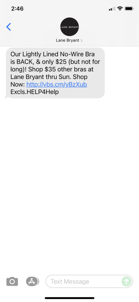 Lane Bryant Text Message Marketing Example - 08.06.2021