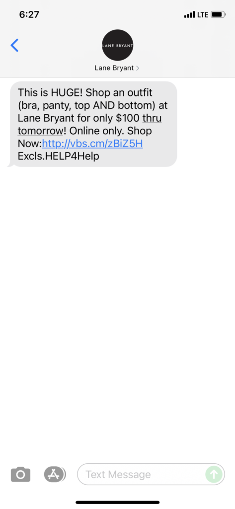 Lane Bryant Text Message Marketing Example - 08.11.2021