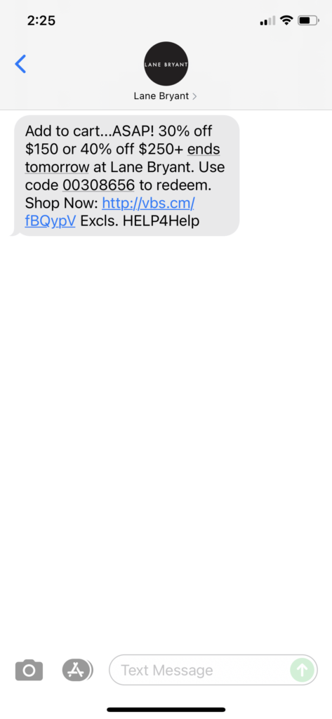 Lane Bryant Text Message Marketing Example - 08.17.2021