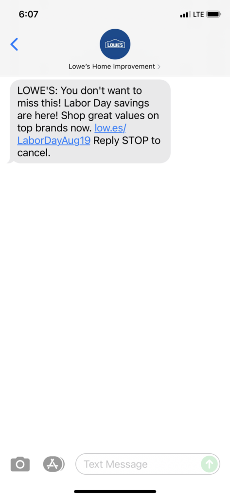 Lowe's Text Message Marketing Example - 08.19.2021