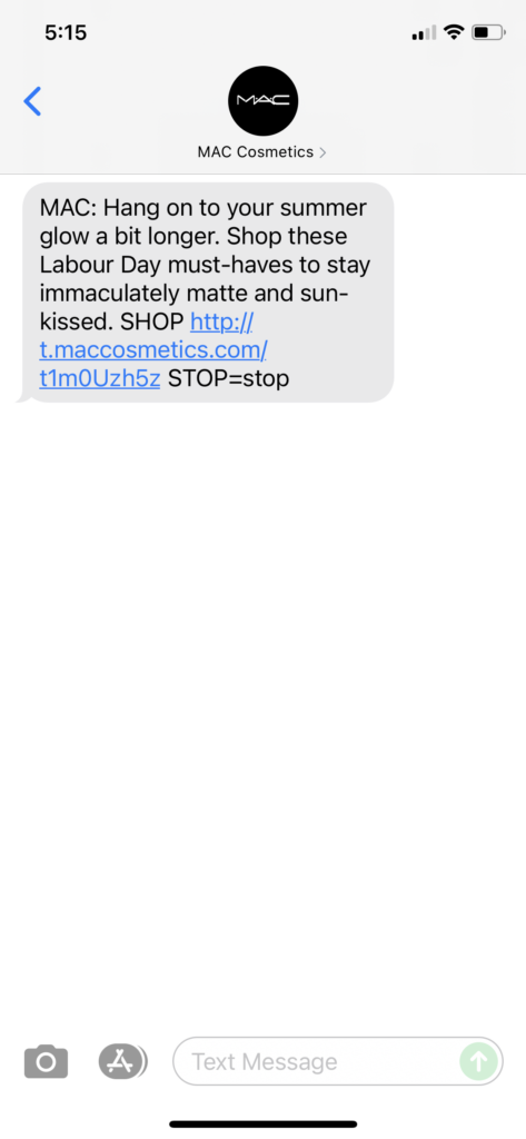 MAC Cosmetics Text Message Marketing Example - 08.27.2021
