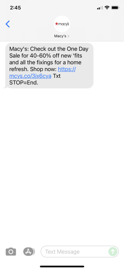 Macy's Text Message Marketing Example - 08.06.2021