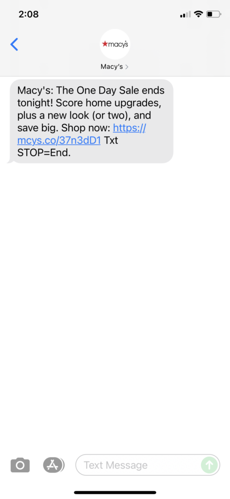 Macy's Text Message Marketing Example - 08.08.2021