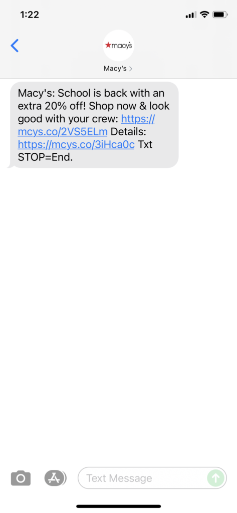 Macy's Text Message Marketing Example - 08.13.2021