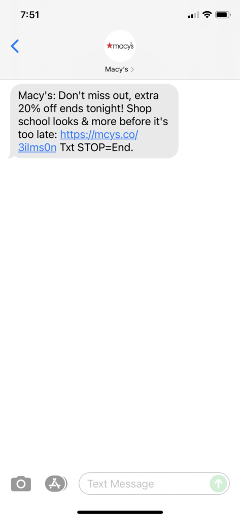 Macy's Text Message Marketing Example - 08.15.2021