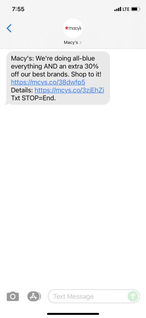 Macy's Text Message Marketing Example - 08.26.2021