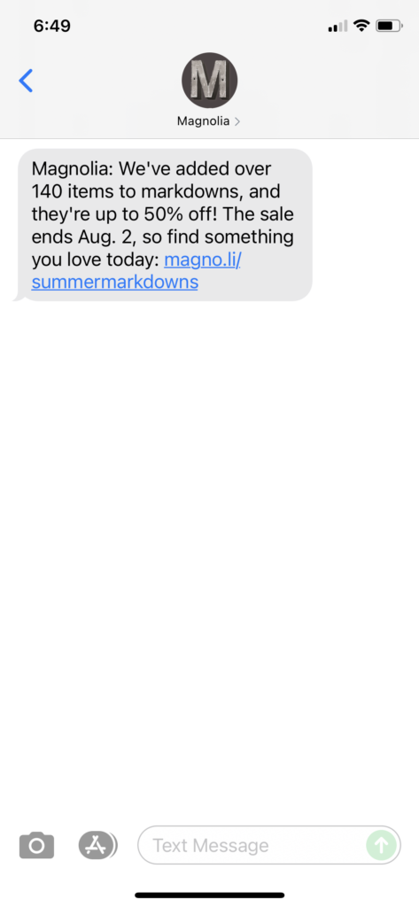 Magnolia Text Message Marketing Example - 07.31.2021