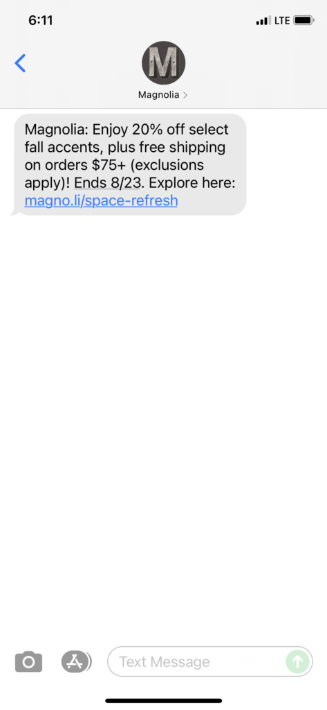 Magnolia Text Message Marketing Example - 08.19.2021