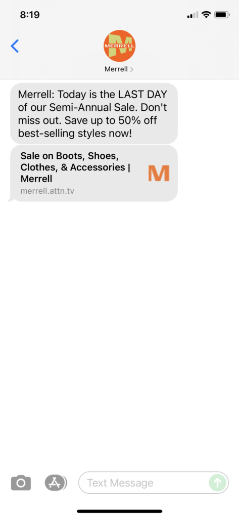 Merrell Text Message Marketing Example - 08.18.2021