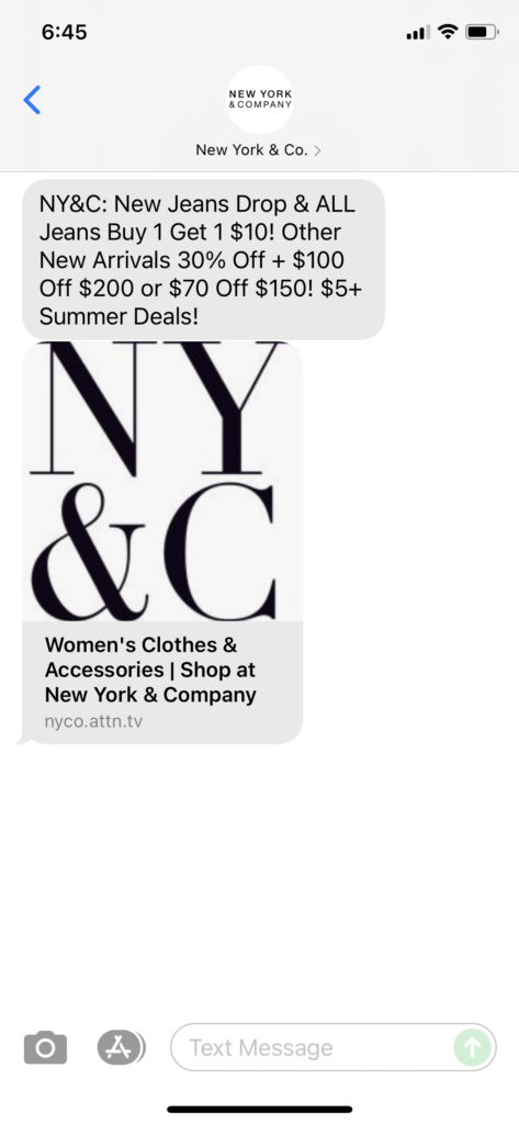 New York & Co Text Message Marketing Example - 07.31.2021