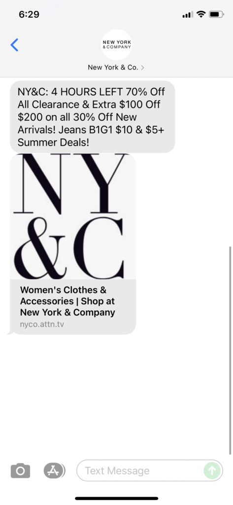 New York & Co Text Message Marketing Example - 08.01.2021