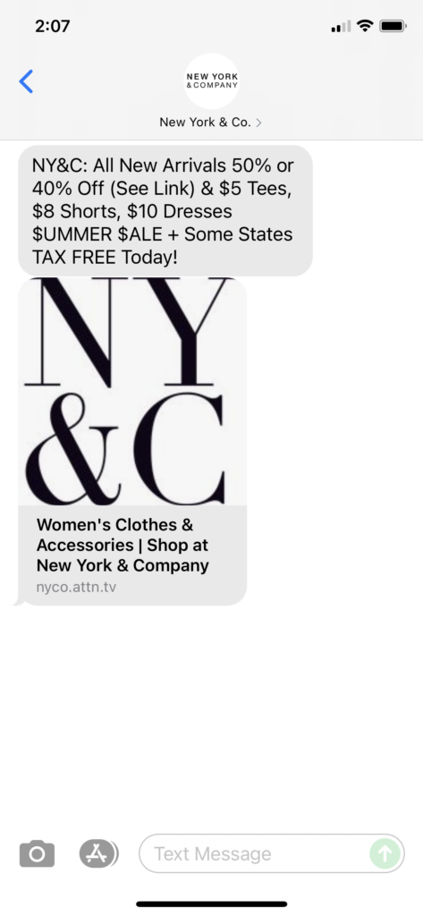 New York & Co Text Message Marketing Example - 08.07.2021