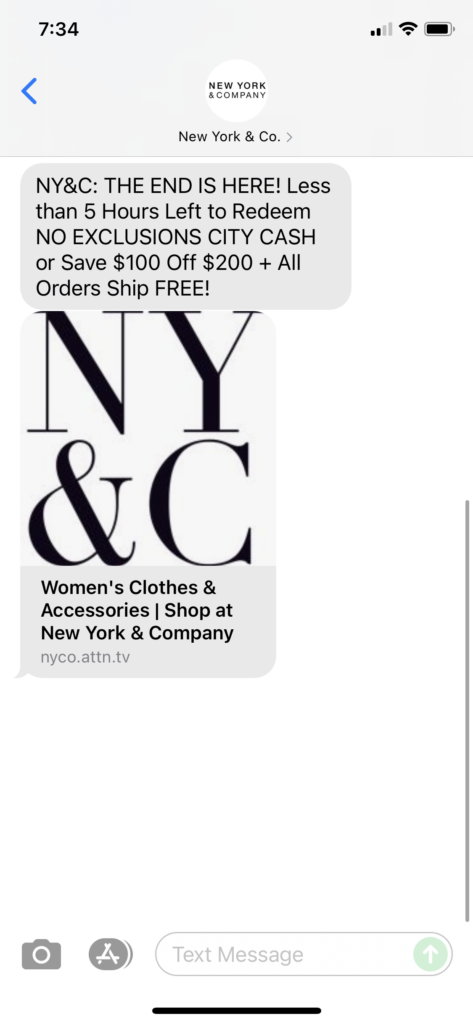 New York & Co Text Message Marketing Example - 08.16.2021