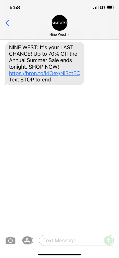 Nine West Text Message Marketing Example - 08.02.2021