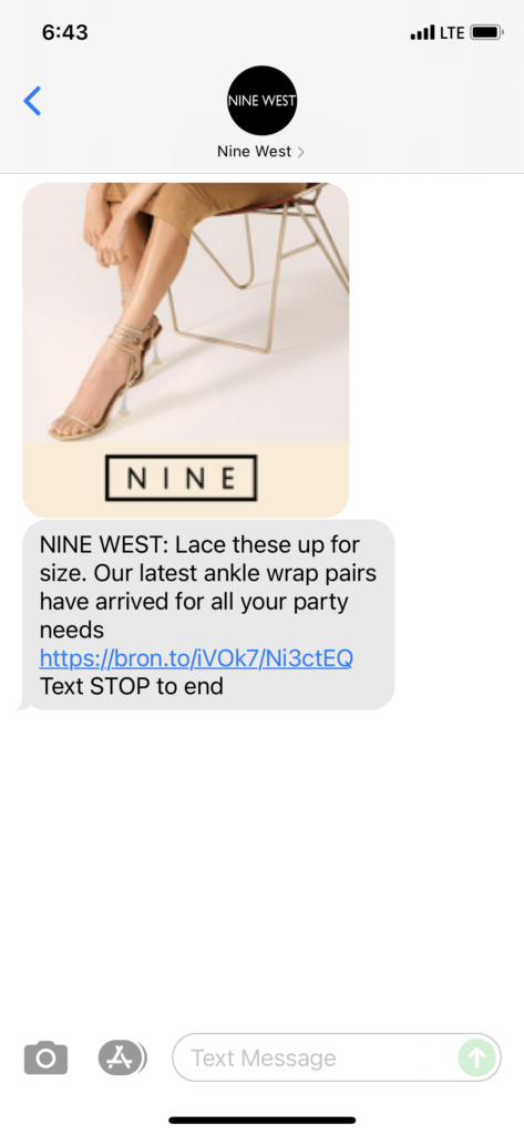 Nine West Text Message Marketing Example - 08.10.2021