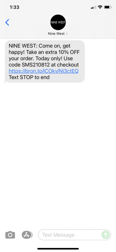 Nine West Text Message Marketing Example - 08.12.2021