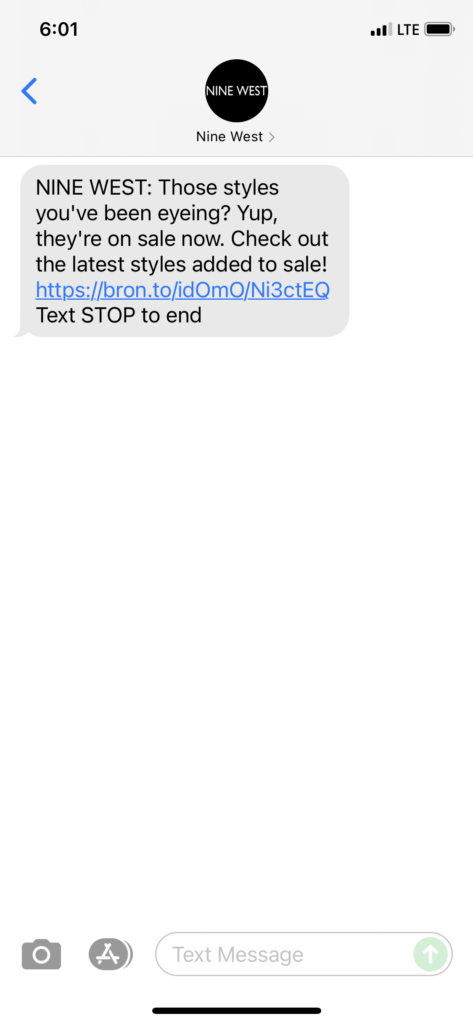 Nine West Text Message Marketing Example - 08.19.2021
