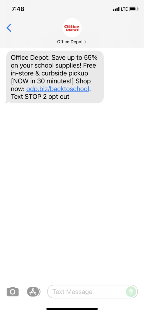 Office Depot Text Message Marketing Example - 08.26.2021