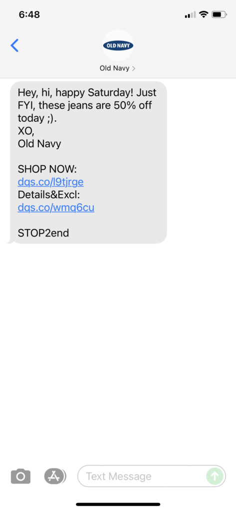 Old Navy Text Message Marketing Example - 07.31.2021