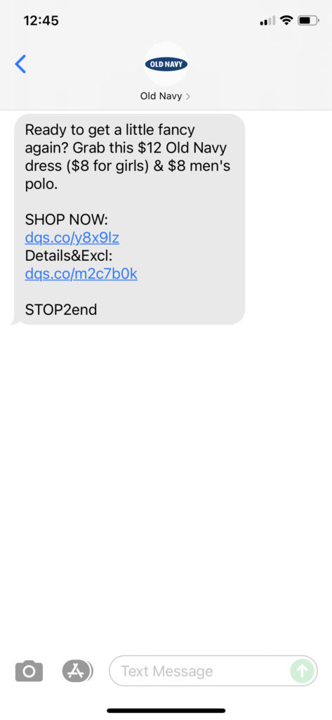 Old Navy Text Message Marketing Example - 08.14.2021