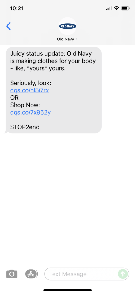 Old Navy Text Message Marketing Example - 08.20.2021