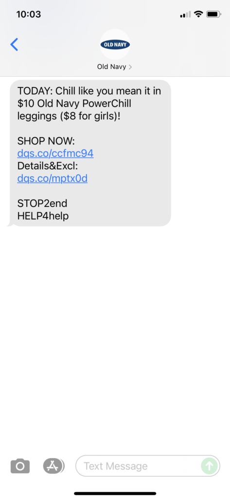 Old Navy Text Message Marketing Example - 08.22.2021