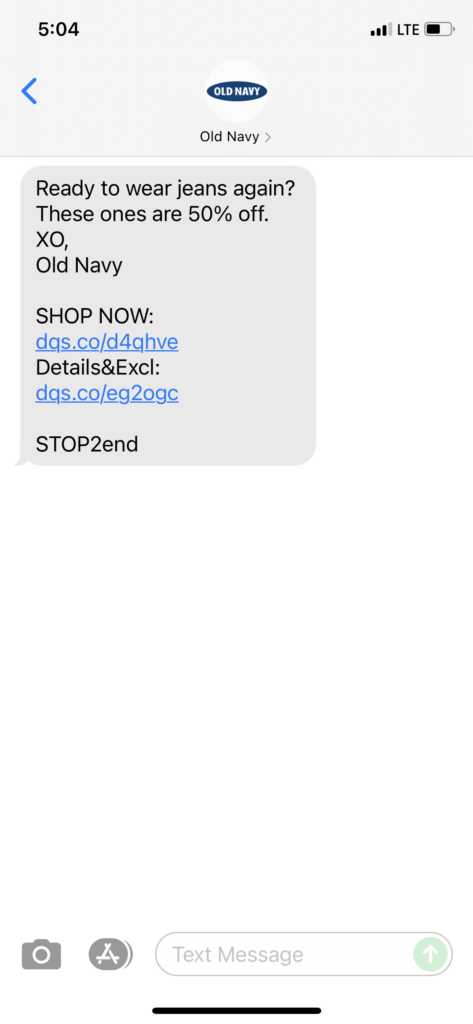 Old Navy Text Message Marketing Example - 08.28.2021