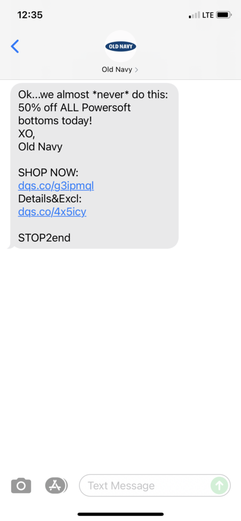 Old Navy Text Message Marketing Example - 08.29.2021