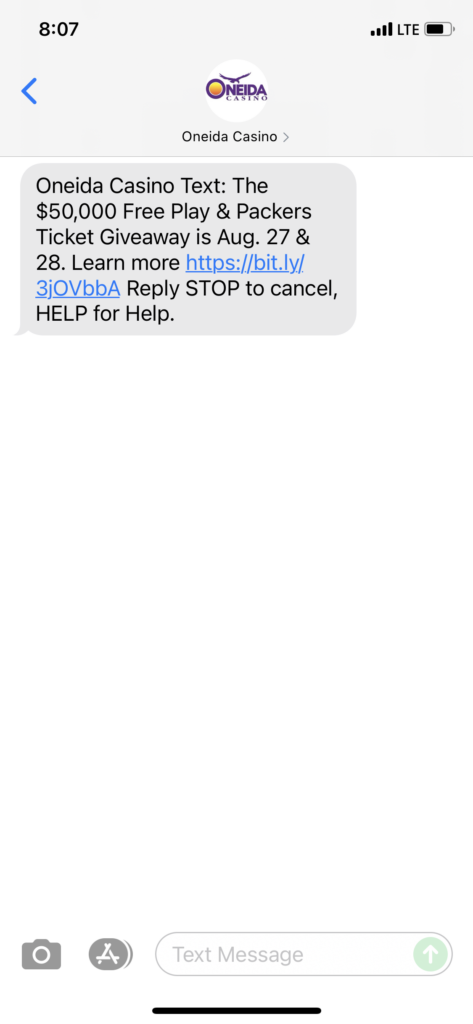 Oneida Casino Text Message Marketing Example - 08.25.2021