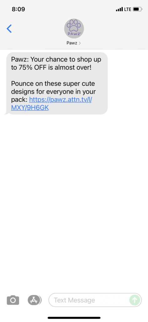 PAWZ Text Message Marketing Example - 08.25.2021