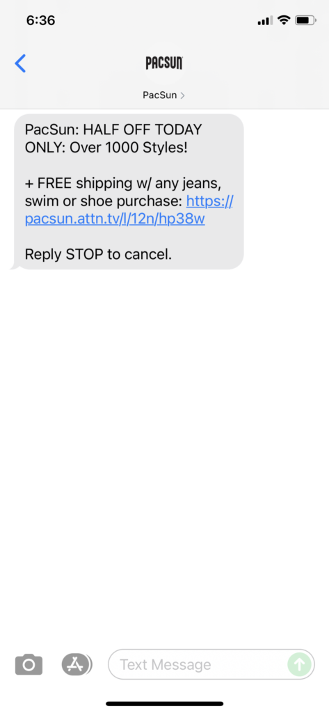 PacSun Text Message Marketing Example - 08.01.2021
