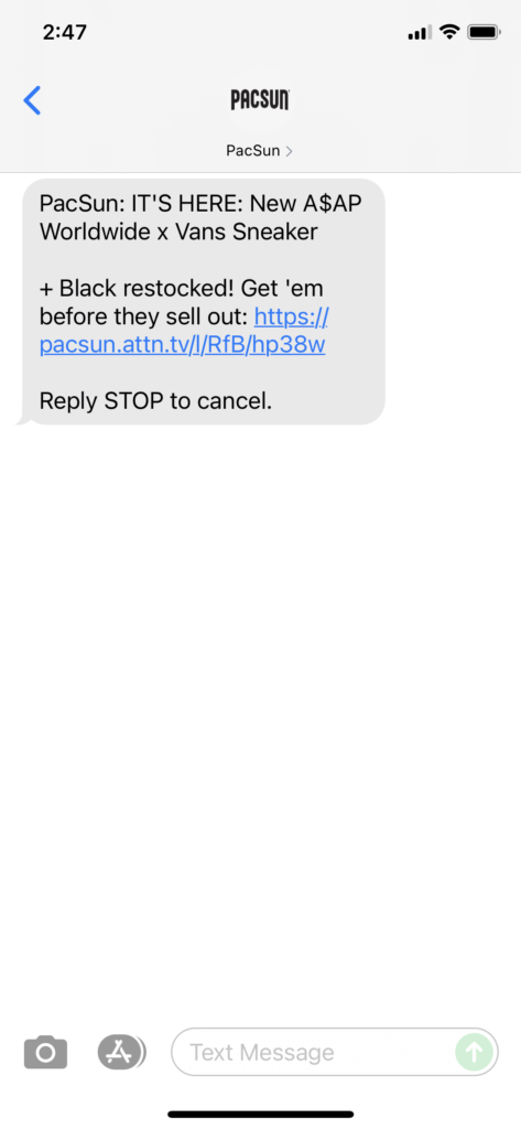 PacSun Text Message Marketing Example - 08.06.2021