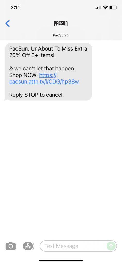 PacSun Text Message Marketing Example - 08.08.2021