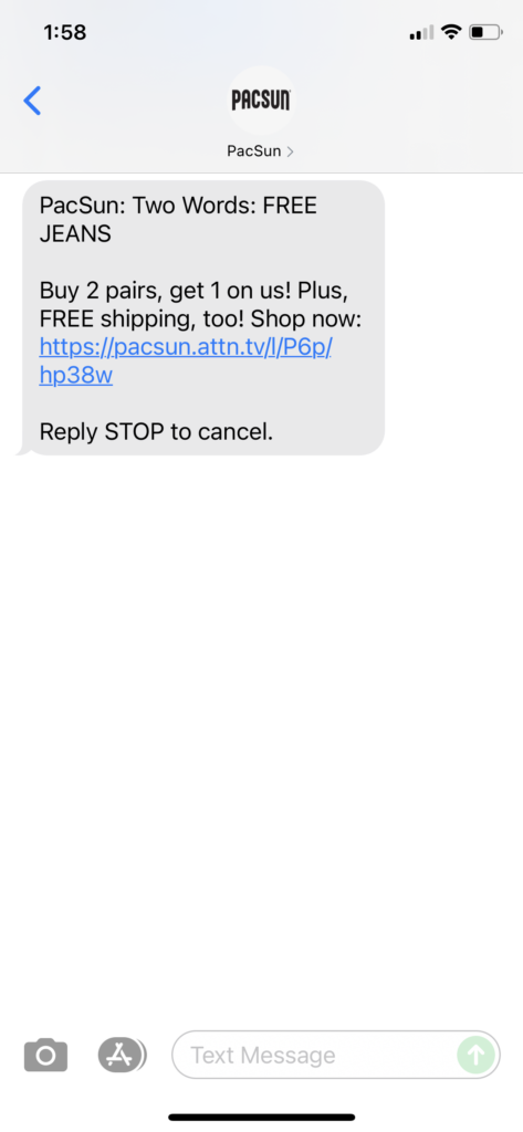PacSun Text Message Marketing Example - 08.09.2021