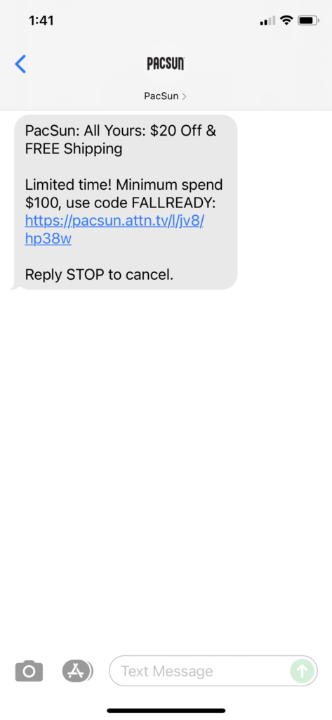 PacSun Text Message Marketing Example - 08.12.2021