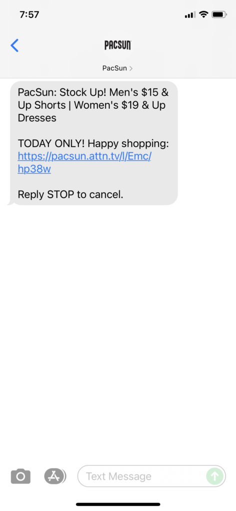 PacSun Text Message Marketing Example - 08.15.2021