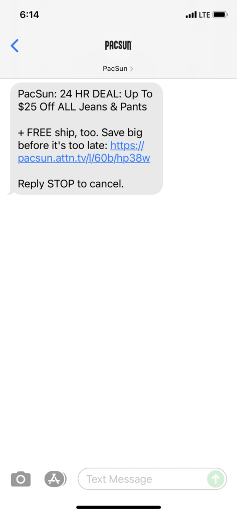 PacSun Text Message Marketing Example - 08.19.2021