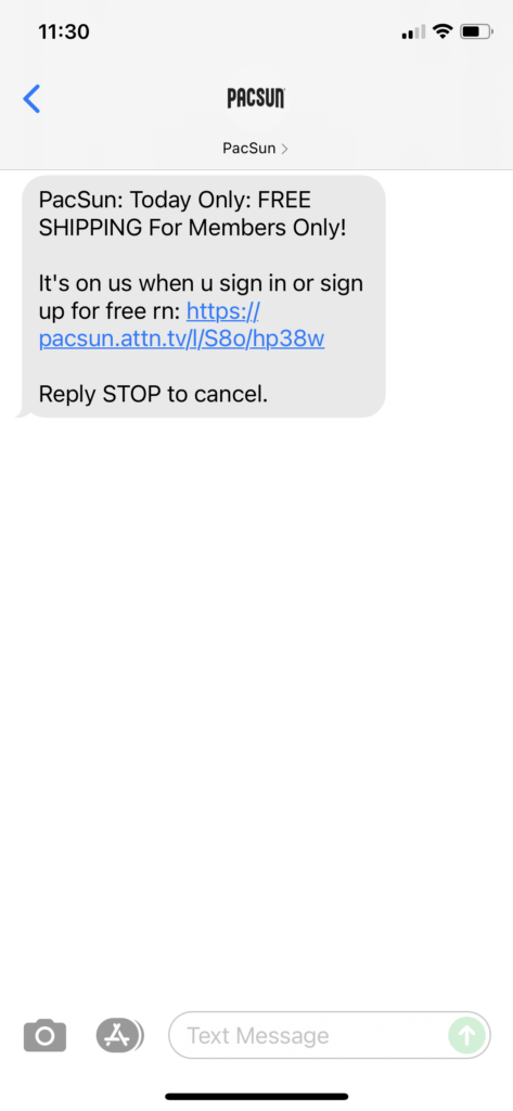 PacSun Text Message Marketing Example - 08.20.2021