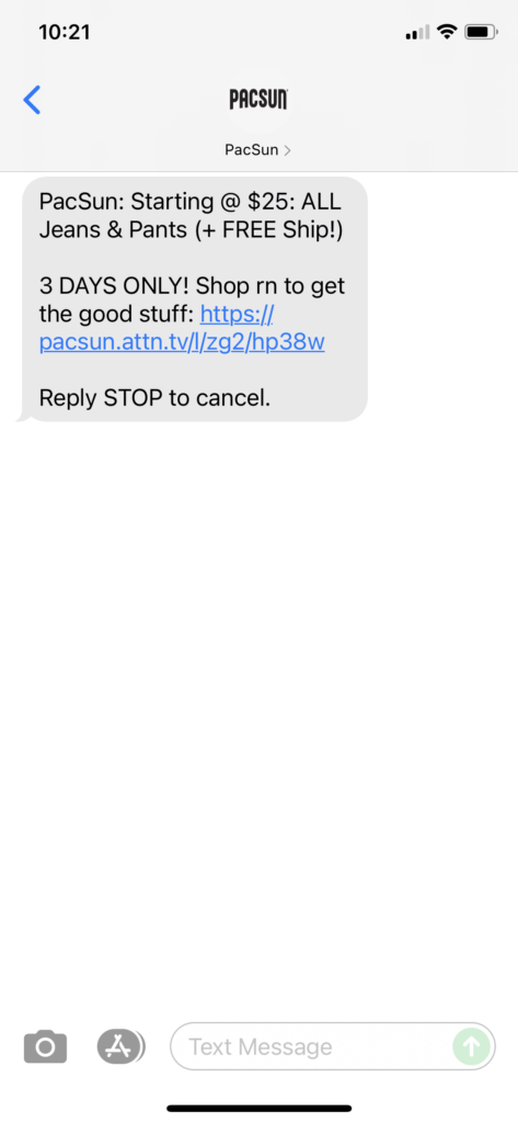 PacSun Text Message Marketing Example - 08.21.2021
