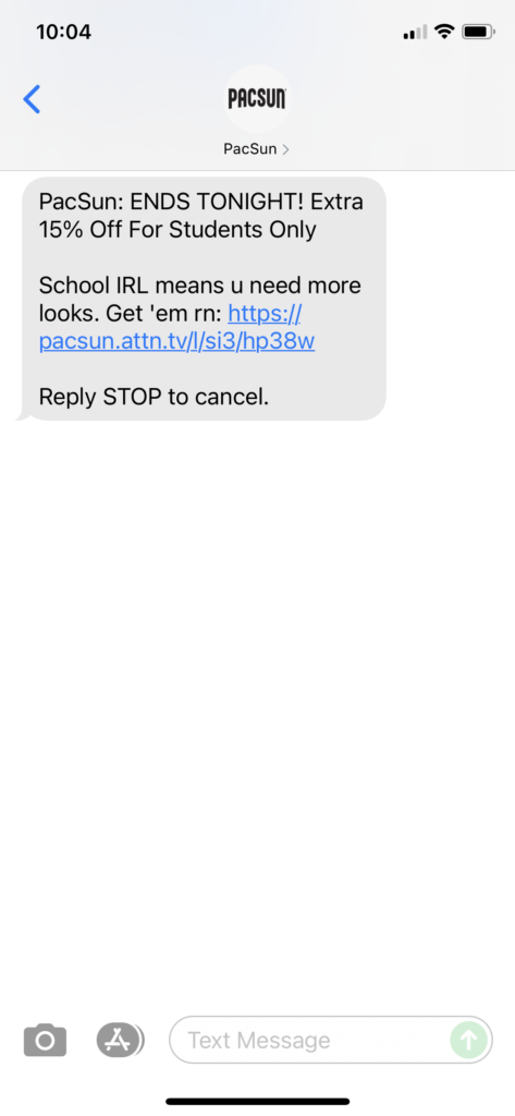 PacSun Text Message Marketing Example - 08.22.2021