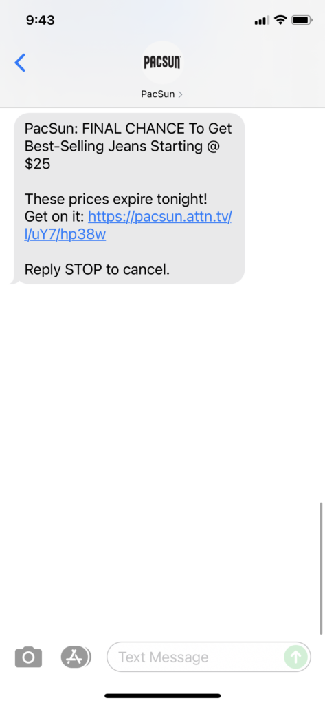 PacSun Text Message Marketing Example - 08.23.2021