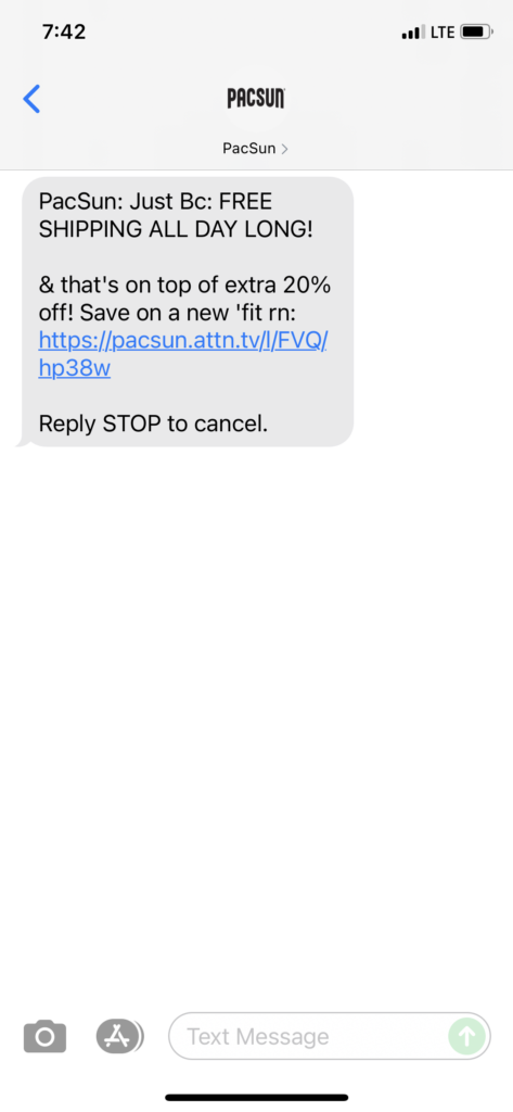 PacSun Text Message Marketing Example - 08.27.2021