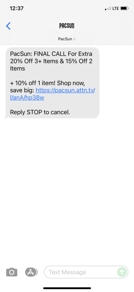PacSun Text Message Marketing Example - 08.29.2021
